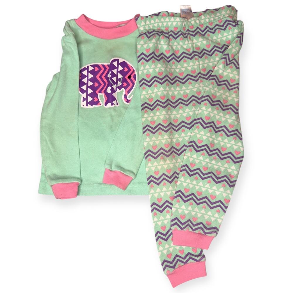 Kidgets Girls Pajamas 24M Elephant Green Pink Hearts Chevron Snug Fit PJs Set
